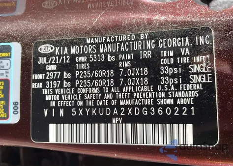 2013 Kia Sorento Ex V6 from USA, damaged, VIN 5XYKUDA2XDG360221